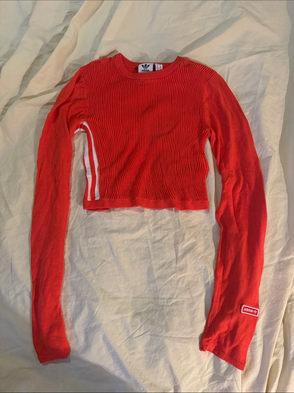 adidas Vibrant Red Ribbed Crewneck Cropped Sweater with Side Stripes